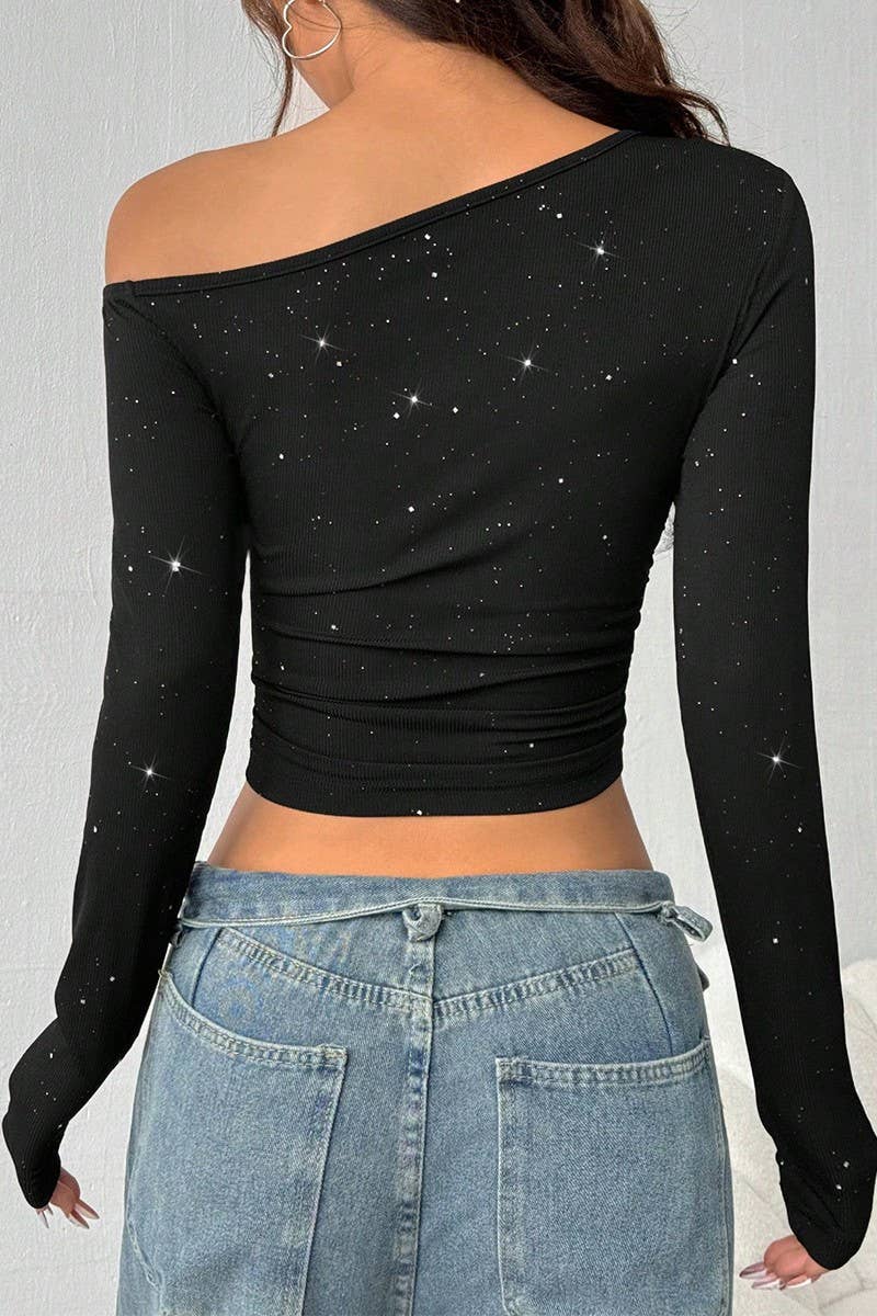 CWTTK00295_2025 SPRING RHINESTONE ONE SHOULDER KNIT TOP