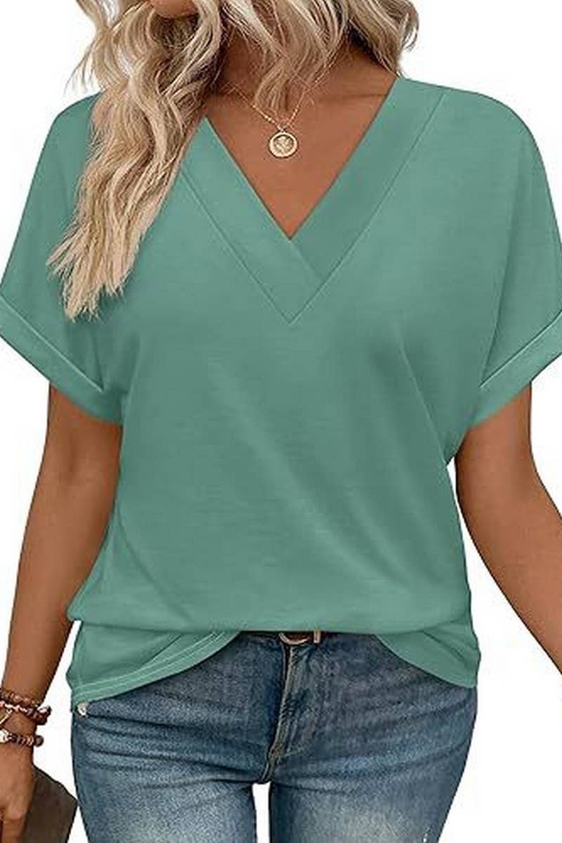 CWTBLS2191_SOLID V-NECK LOOSE BATWING SLEEVE CROP TEE