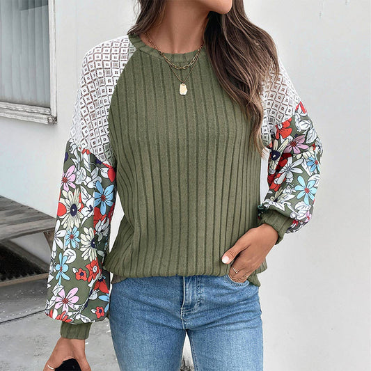Crew-neck floral patterned hollow-out knitwear