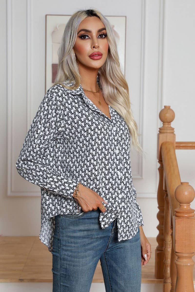 CWTBLL0696_Button Down Casual Long Sleeve Print Top