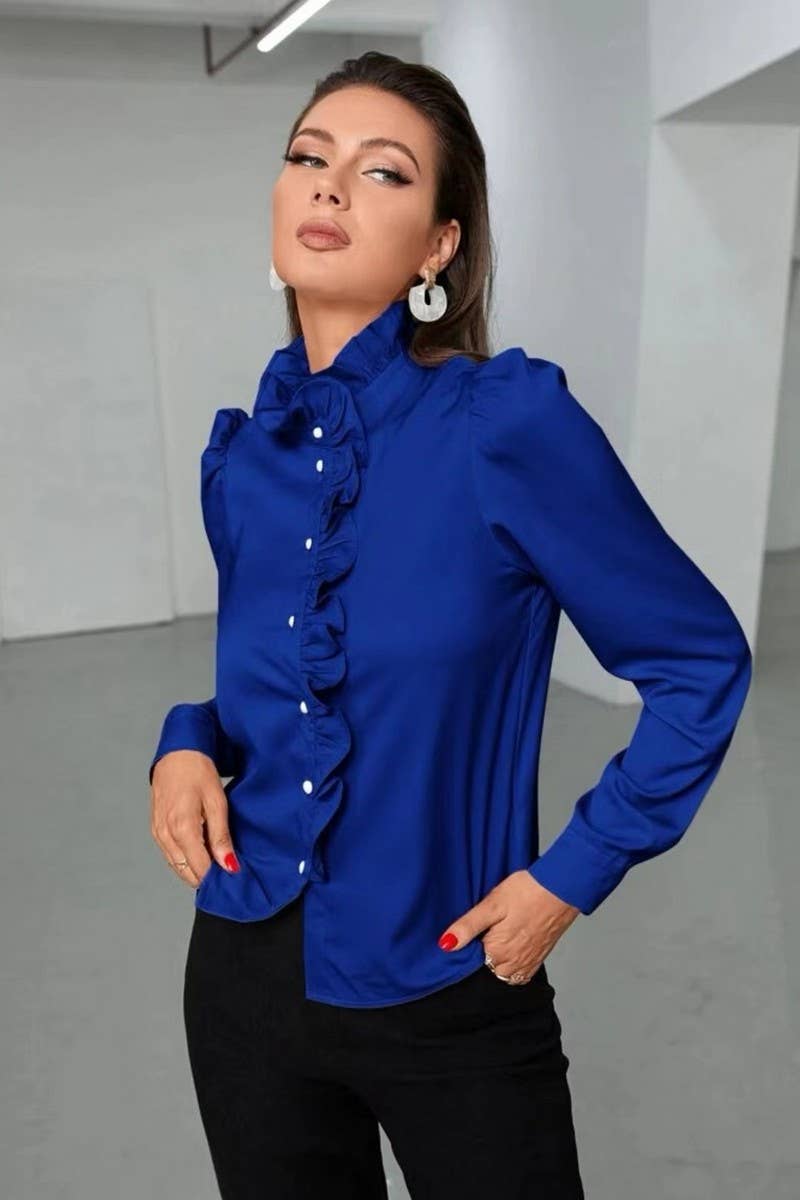 CWTBLS2041_SOLID COLOR RUFFLED LONG SLEEVE BLOUSE