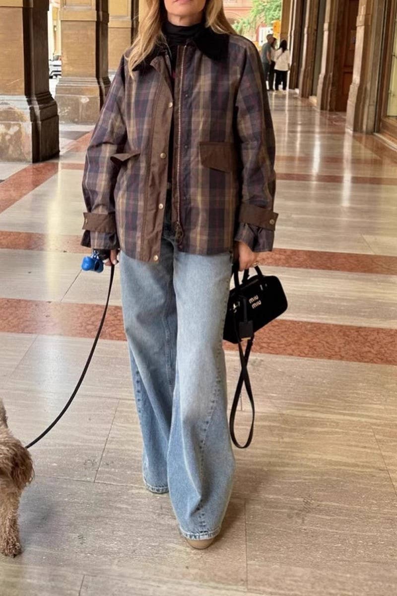 CWOCO0970_VINTAGE PLAID FUR COLLAR QUILTED ZIP-UP JACKET