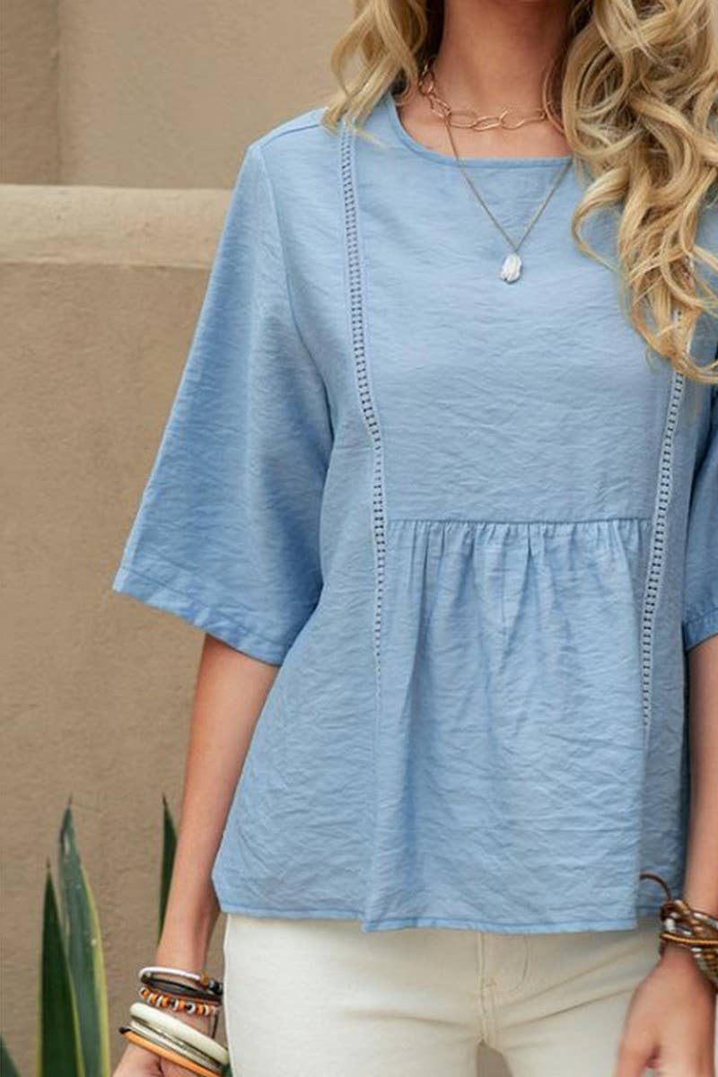 CWTTS00723_LACE HOLLOW WOMEN'S CASUAL SOLID COLOR SHIRT