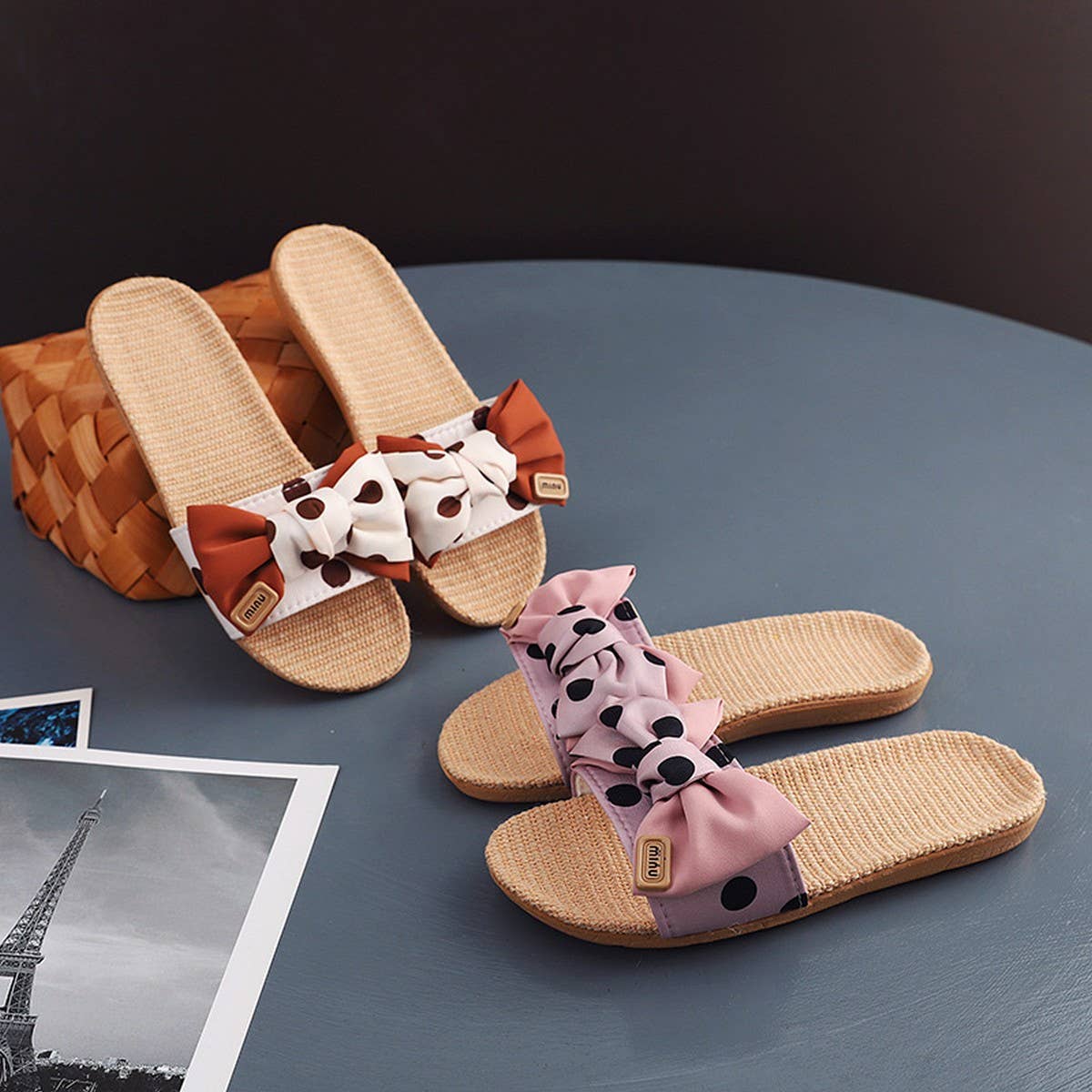 Polka Dot Linen Bow Slippers Soft Sole Non-Slip_CWSHF0185