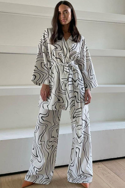 CWSPJ0363_PRINTED LACE-UP PAJAMAS THREE-PIECE SET