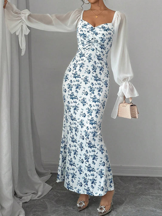 Chiffon patchwork long-sleeved printed dress