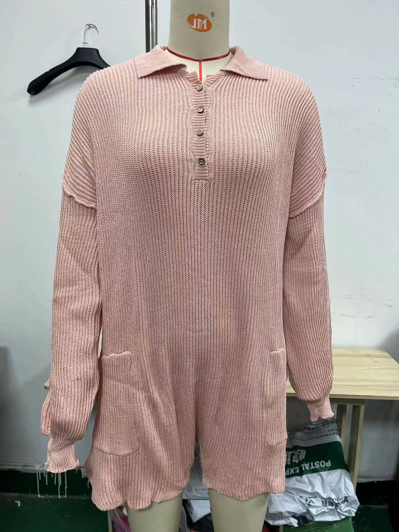 CASUAL SIMPLE V-NECK BUTTON SOLID COLOR JUMPSUIT