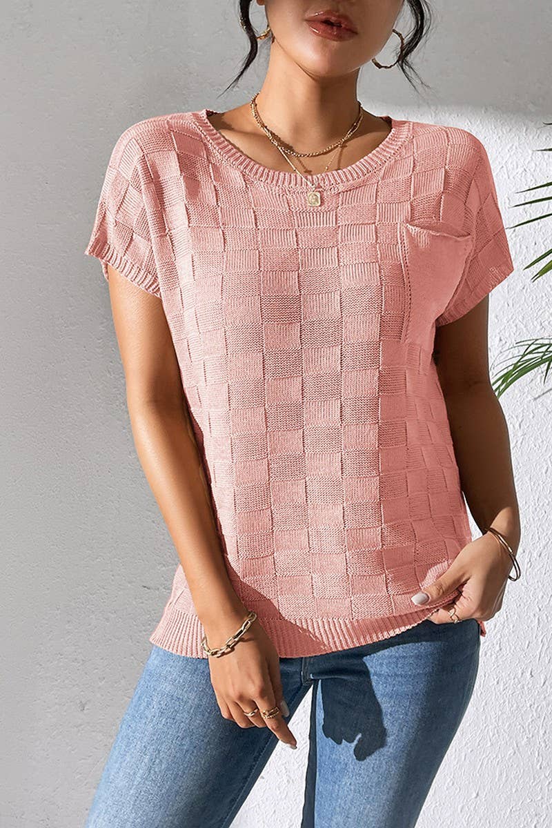CWOSWS0086_SOLID COLOR LOOSE KNIT SHORT-SLEEVED TOP