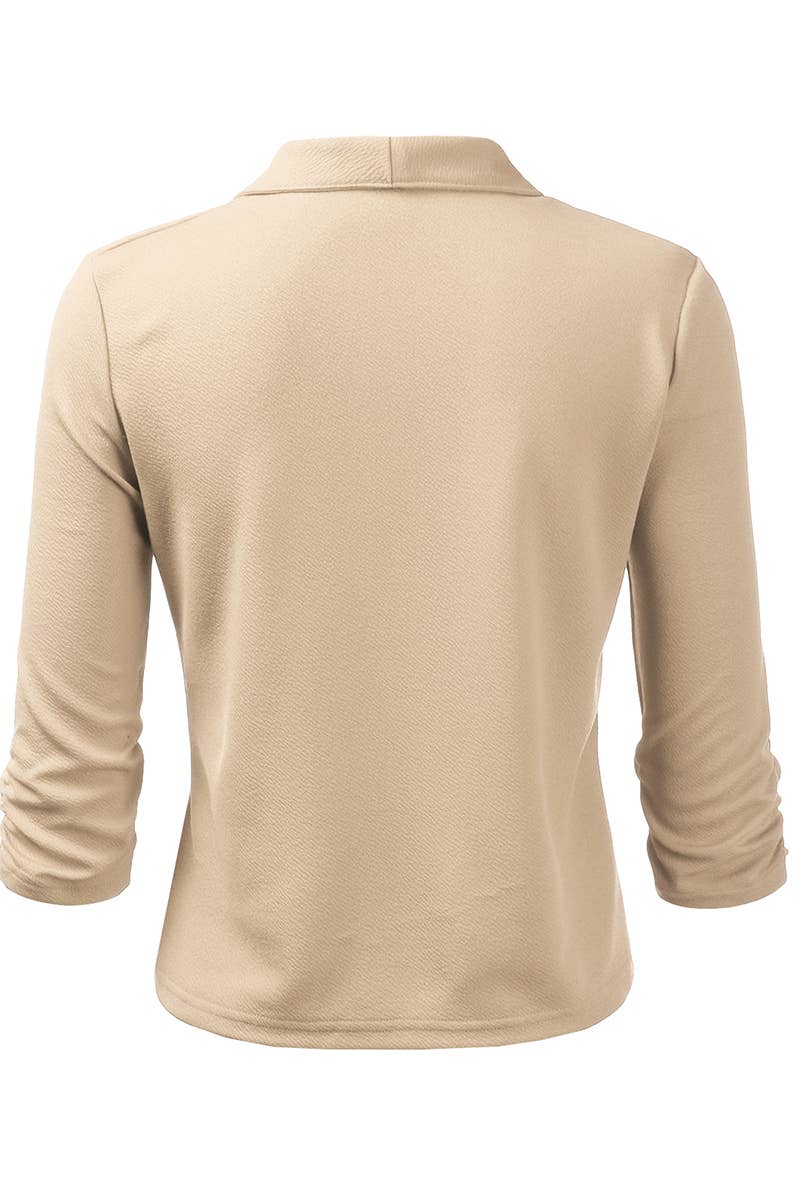 CWOBL091_Casual Work Ruched 3/4 Slv Open Front Blazer Jacket