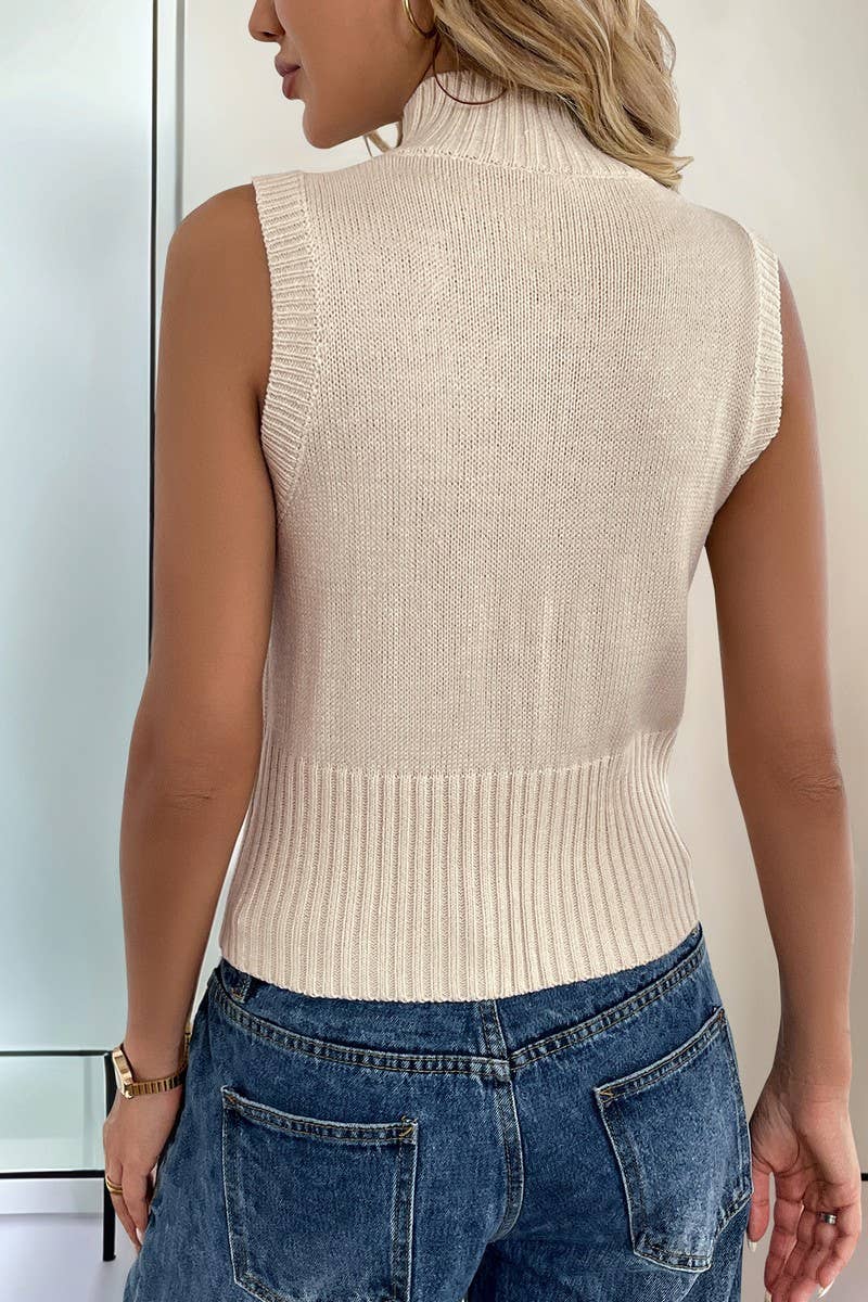 CWOV0780_ZIP HIGH NECK SOLID SLEEVELESS KNIT VEST