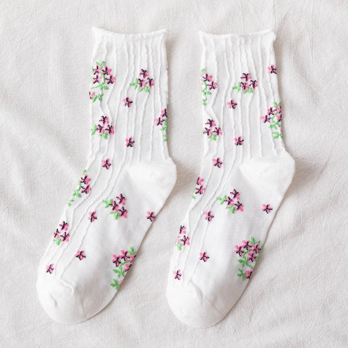 PREPPY LITTLE FLORAL STRIPED MIDTUBE SOCK LADY_CWMS0403