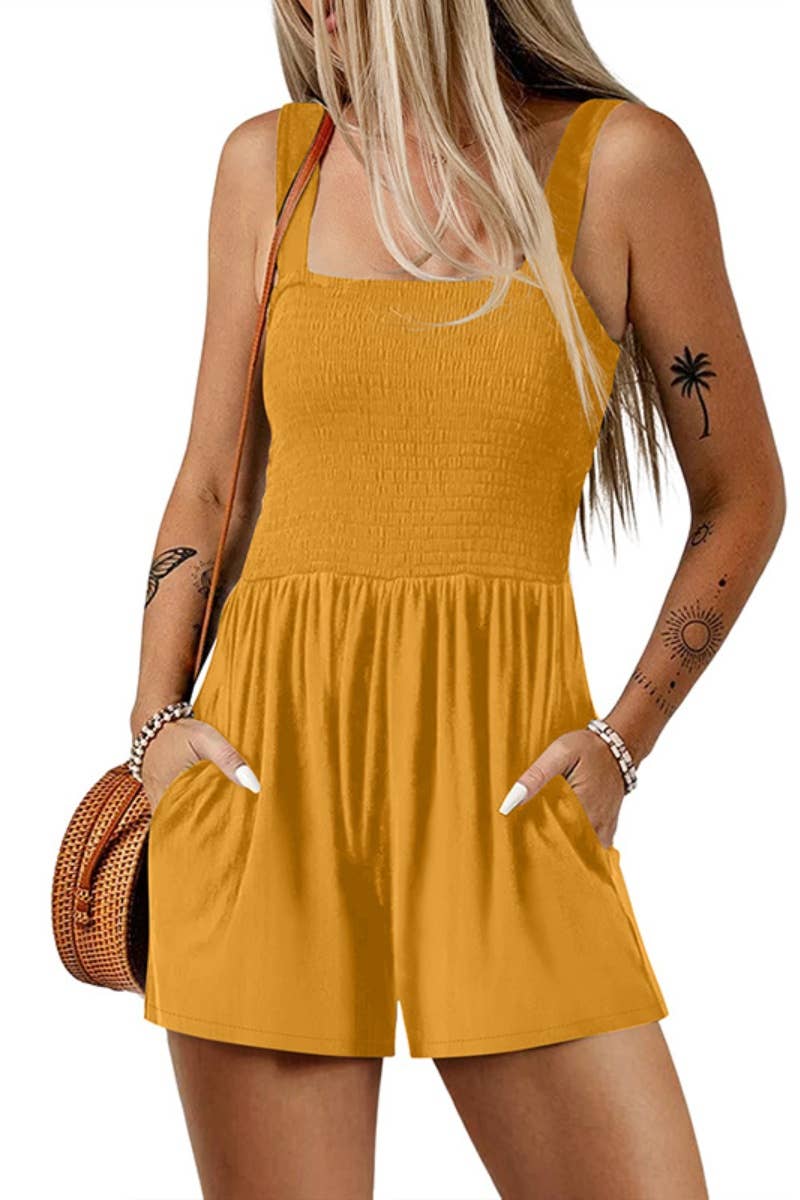 CWSJS1069_SLEEVELESS SQUARE NECK HIGH-WAISTED ROMPER SHORT