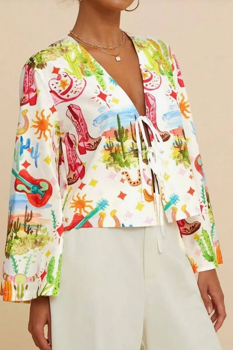 CWTBLL00632_V-NECK PRINTED TRUMPET SLEEVES HOLIDAY STYLE TOP