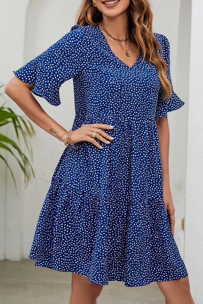 CWDSD2700_V-Neck Short-Sleeved Layered A-Line Dress