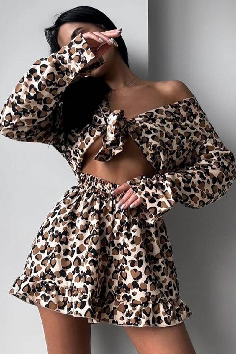 CWSPJ0389_LEOPARD PRINT LONG-SLEEVED VEST SHORTS PAJAMA SET