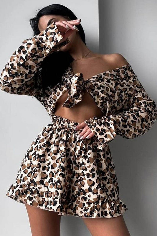 CWSPJ0389_LEOPARD PRINT LONG-SLEEVED VEST SHORTS PAJAMA SET