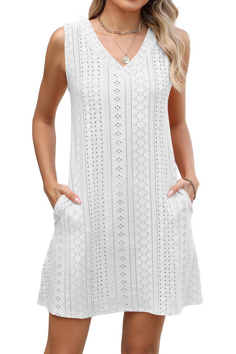 CWDSD10548_SUMMER CASUAL SOLID COLOR V-NECK DRESS