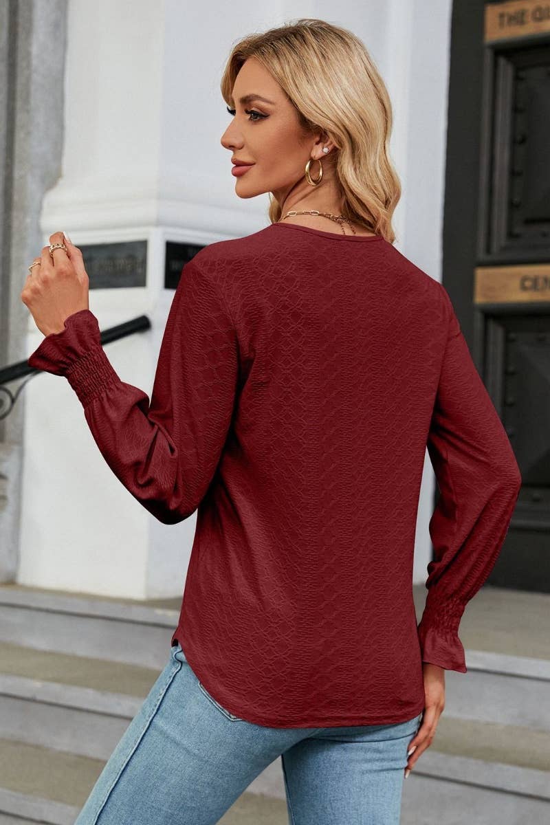 CWTBLL2822_LACE LACE PATCHWORK V-NECK LONG SLEEVE TOP