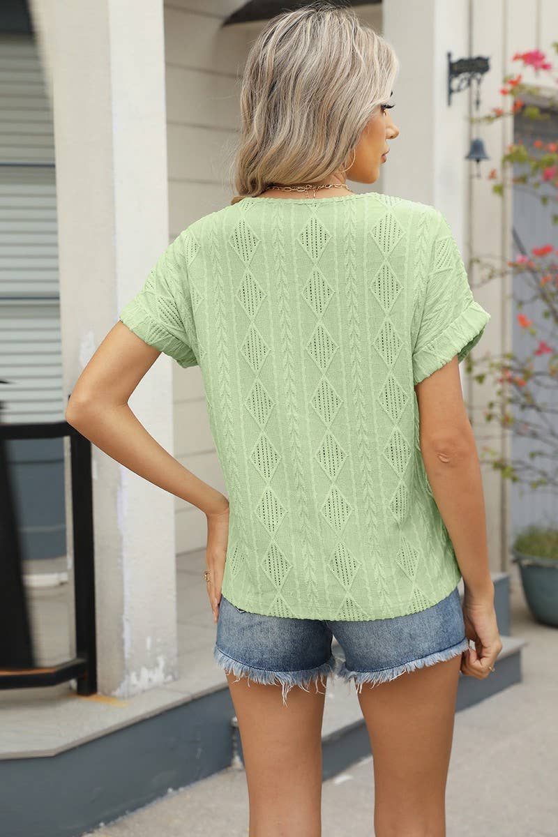 CWTBLS1704_V-NECK JACQUARD BUTTON SHORT-SLEEVED HOLLOW TOP