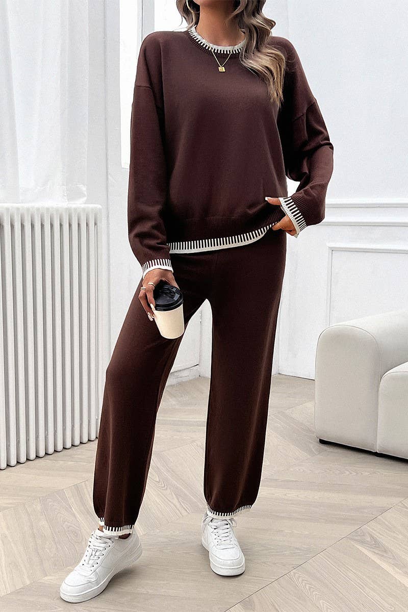 CWSTB0742_CASUAL CONTRAST COLOR SWEATER AND PANTS SET