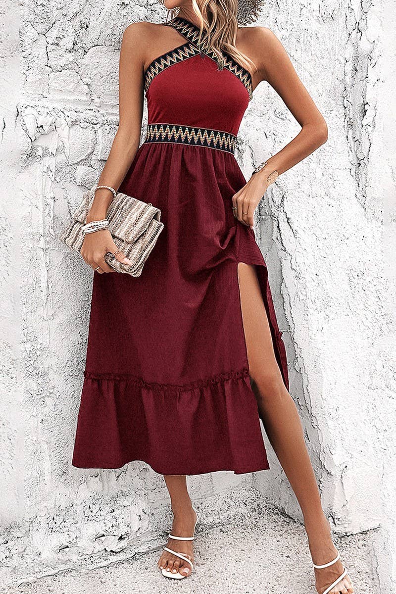 CWDHL1101_TEMPERAMENT LADY HIGH WAIST CROSS HALTER DRESS