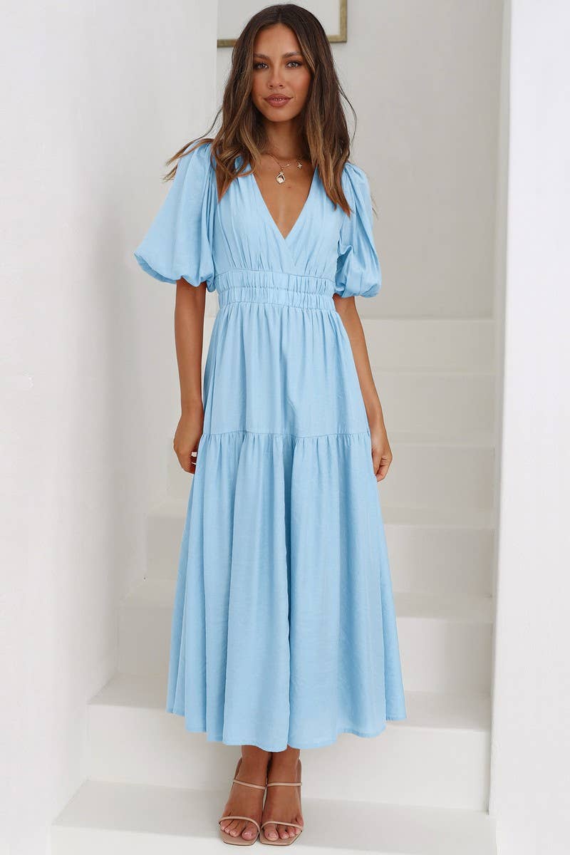 CWDMD6143_SUMMER HIGH-END DEEP V PUFF SLEEVE HOLIDAY DRESS