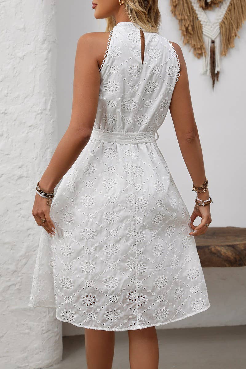 CWDSD8204_EMBROIDERED HIGH WAIST ELEGANT WAIST HALTER DRESS