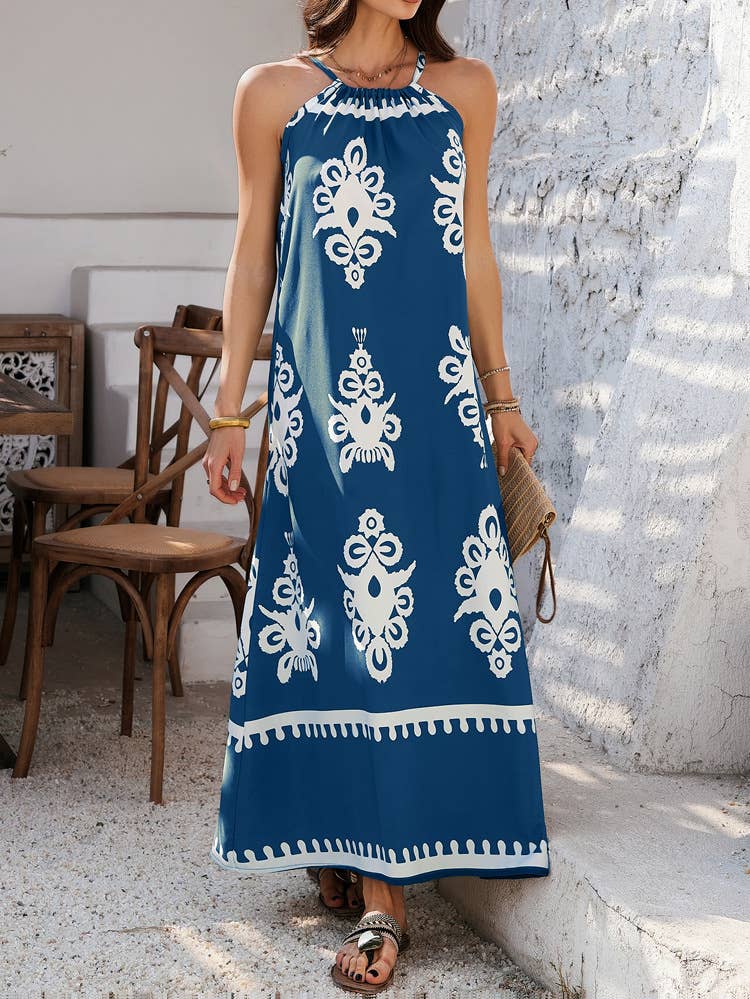 Boho Colorblock Halter Sleeveless Vacation Dress