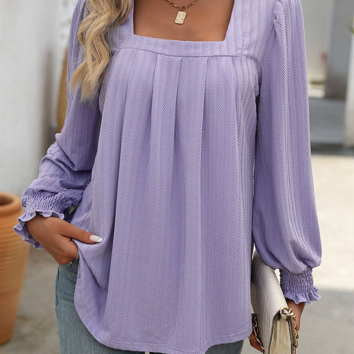 Casual square neck pleated long sleeve T-shirt