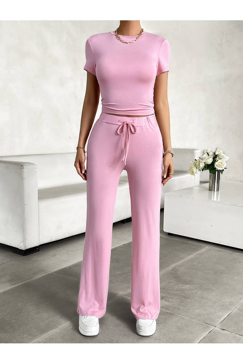 CWSTB0668_SOLID COLOR CREW NECK SHORT SLEEVED PANTS SET