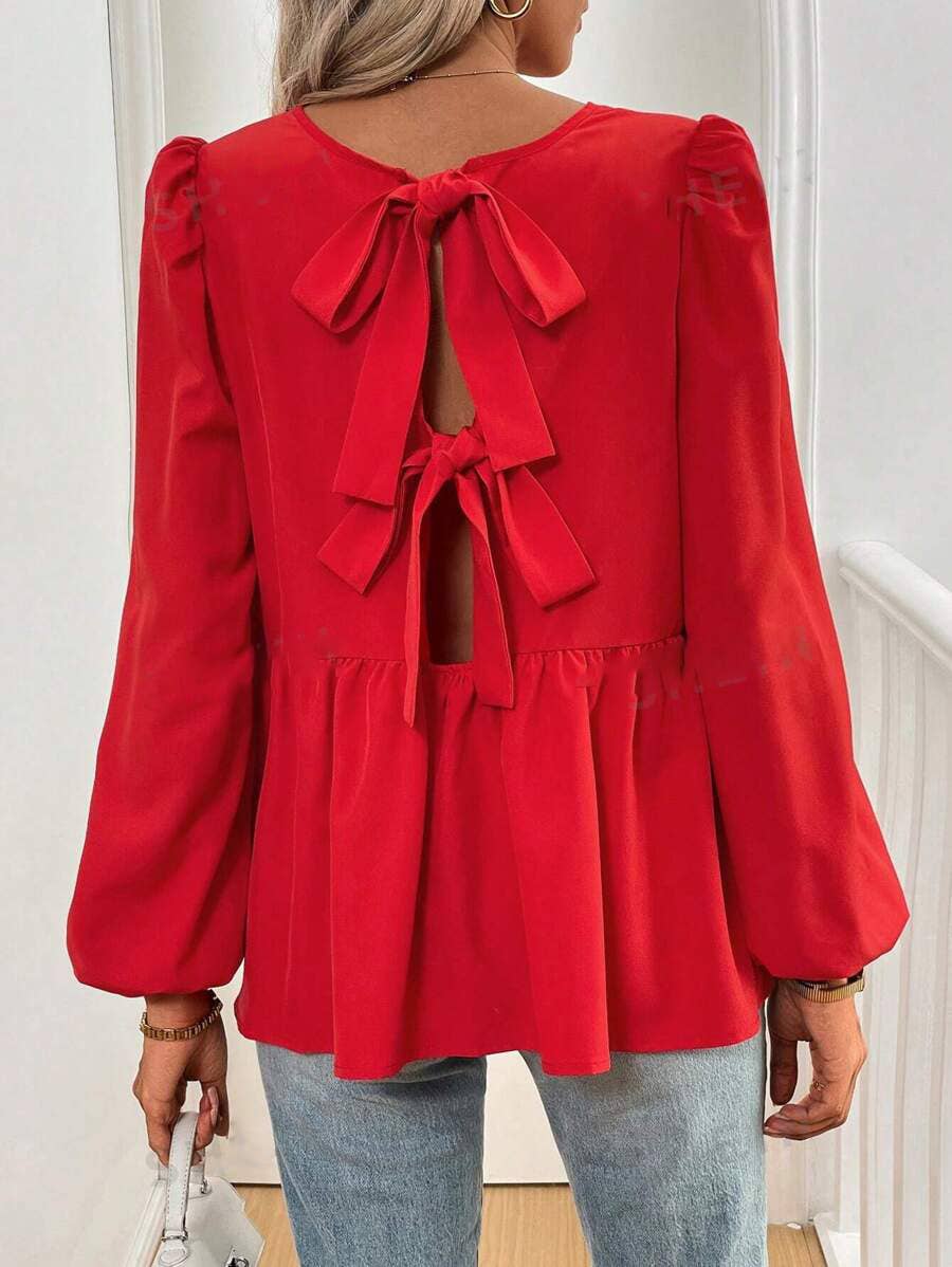 BOW LANTERN SLEEVE BUBBLE DOUBLE-SIDED SHIRT