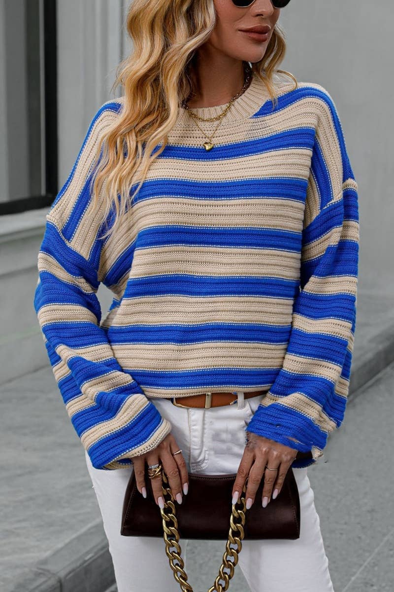 CWOSWL6517_KNITTED CREW-NECK STRIPED LONG-SLEEVED SWEATER