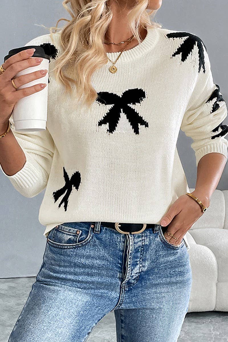 CWOSWL5876_CREW NECK BOW JACQUARD KNIT SWEATER