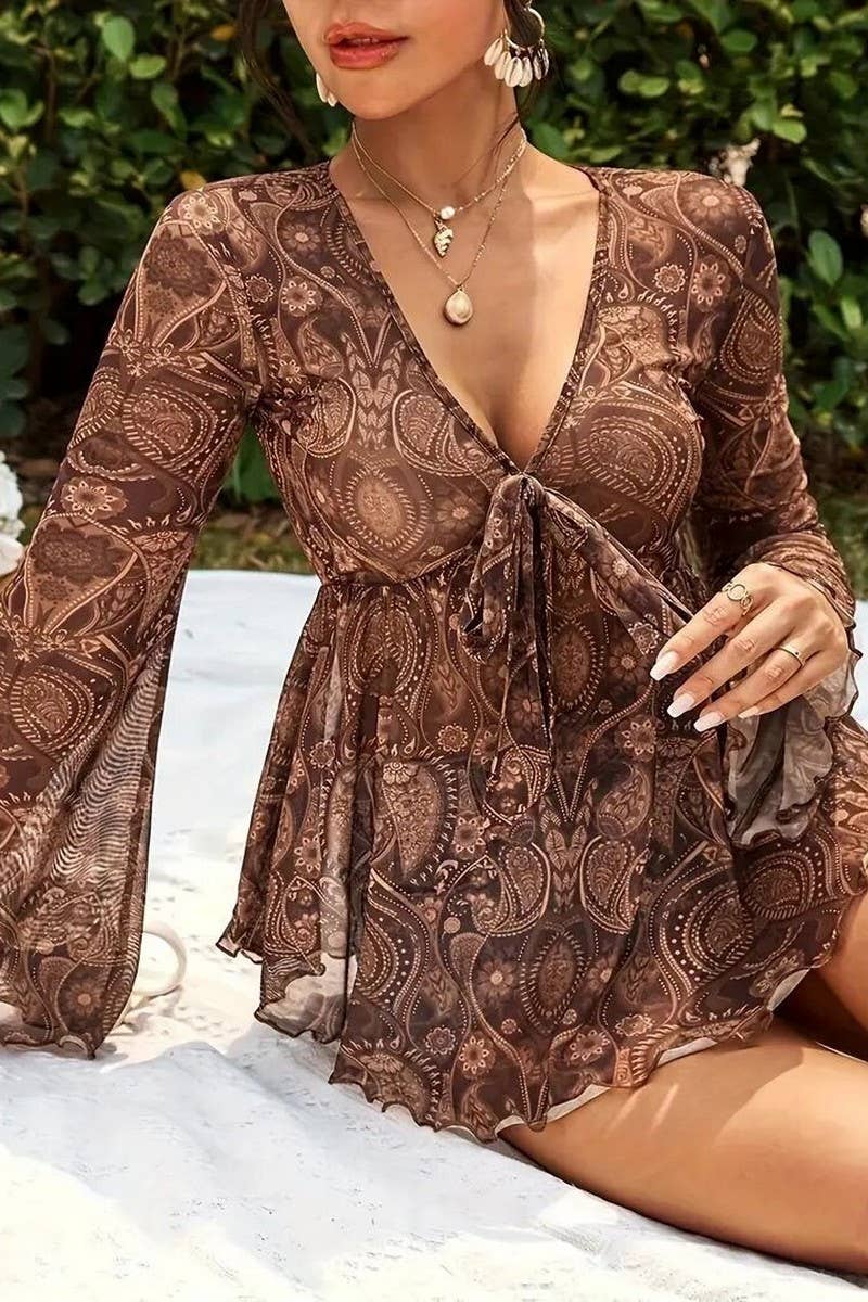 CWTBLL3892_MESH PRINT DEEP V NECK SLIM FIT LONG SLEEVE TOP