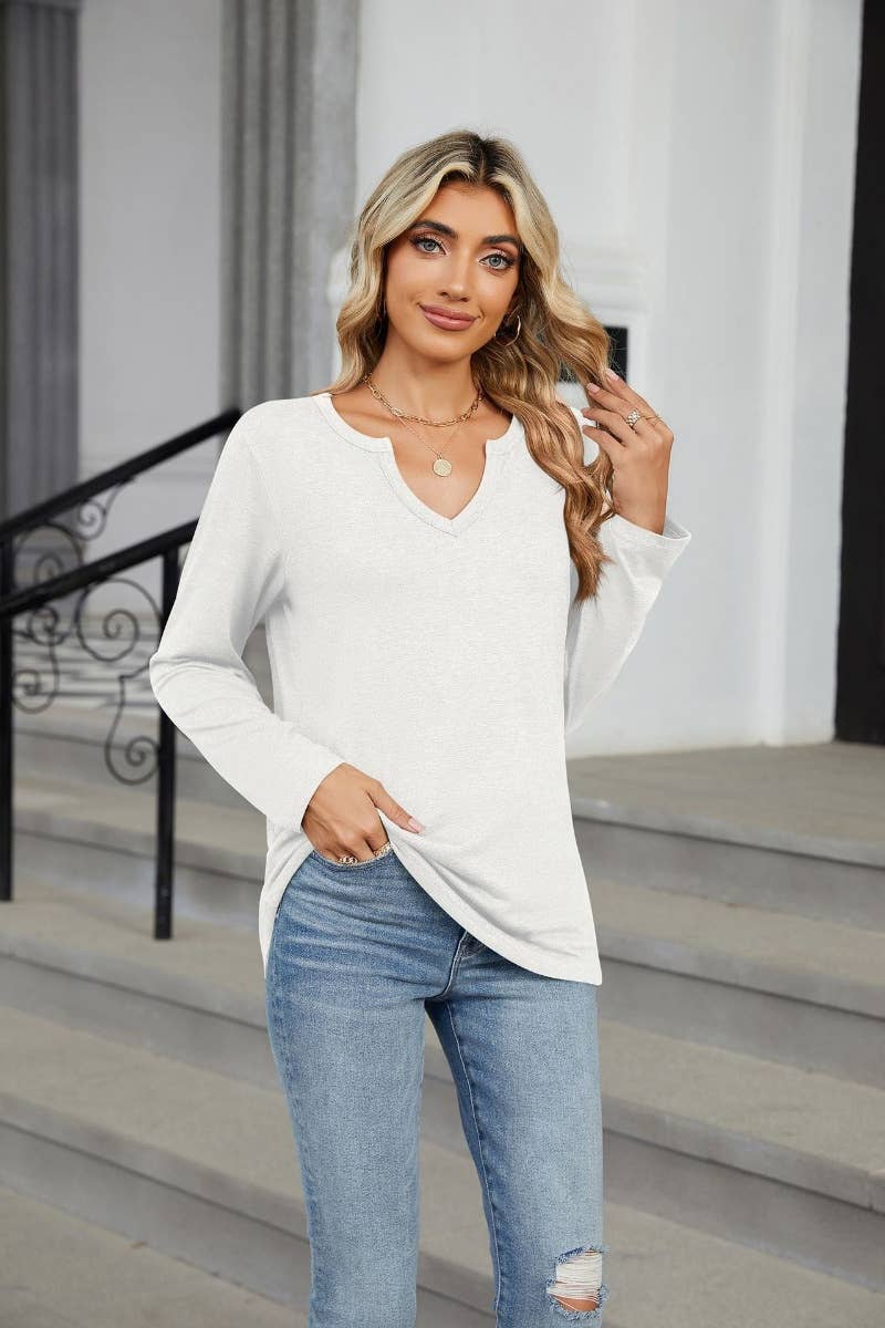 CWTBLL2861_FALL SOLID COLOR V-NECK LONG SLEEVE LOOSE TOP