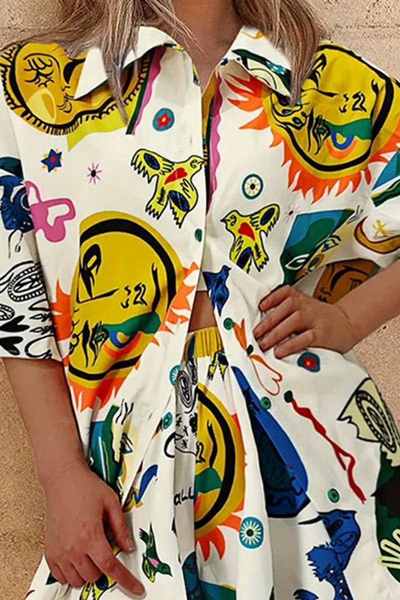 CWSS1119_CONTRAST COLOR CASUAL GRAFFITI PRINT TWO-PIECE