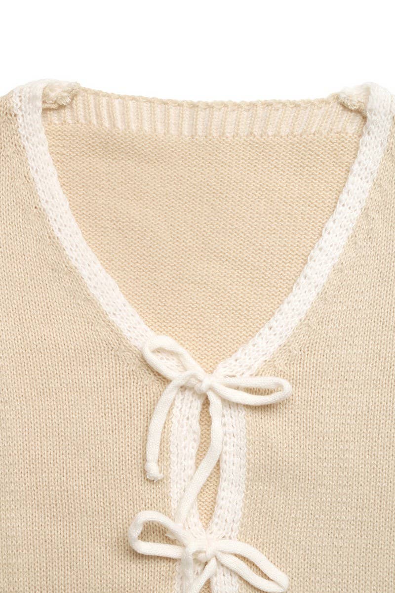 CWOCAL00592_COLORBLOCK TIE FRONT KNIT CARDIGAN SWEATER