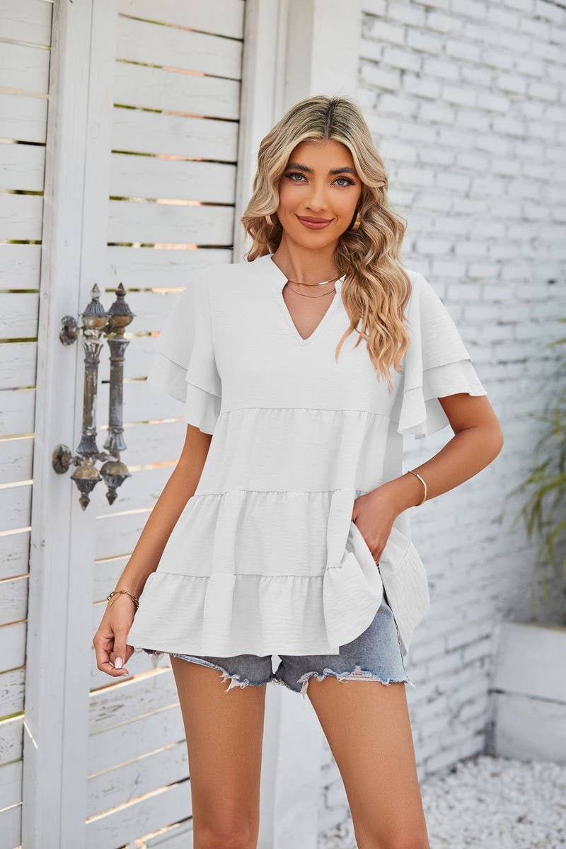 CWTBLS1602_V-NECK DOUBLE-SLEEVE SWEET BABYDOLL SHIRT TOP