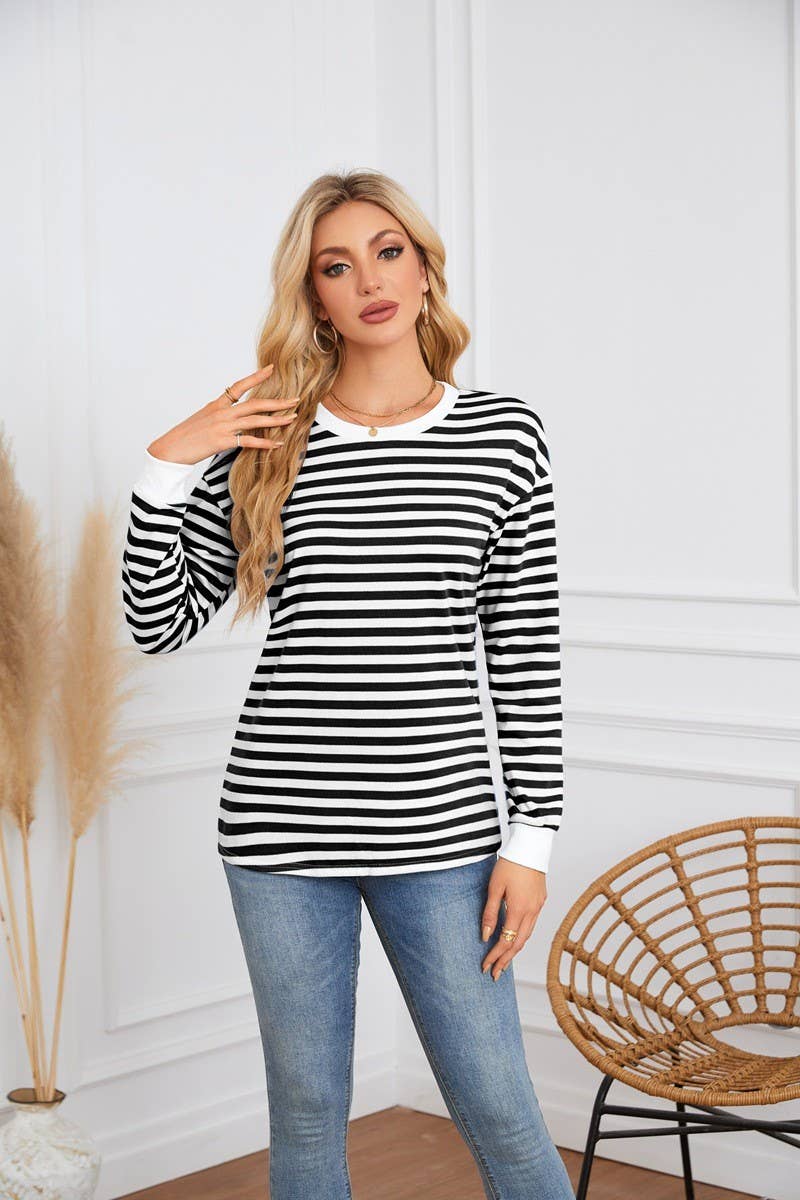 CWTBLL4109_STRIPED ROUND NECK LONG SLEEVE CASUAL TOP