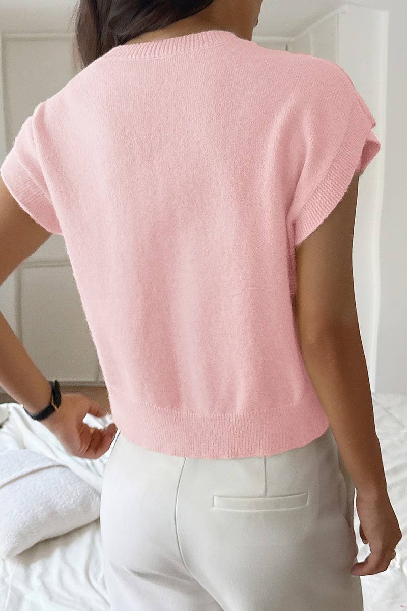 CWOSWS00156_CASUAL SOLID DEEP V SHORT SLEEVE SWEATER