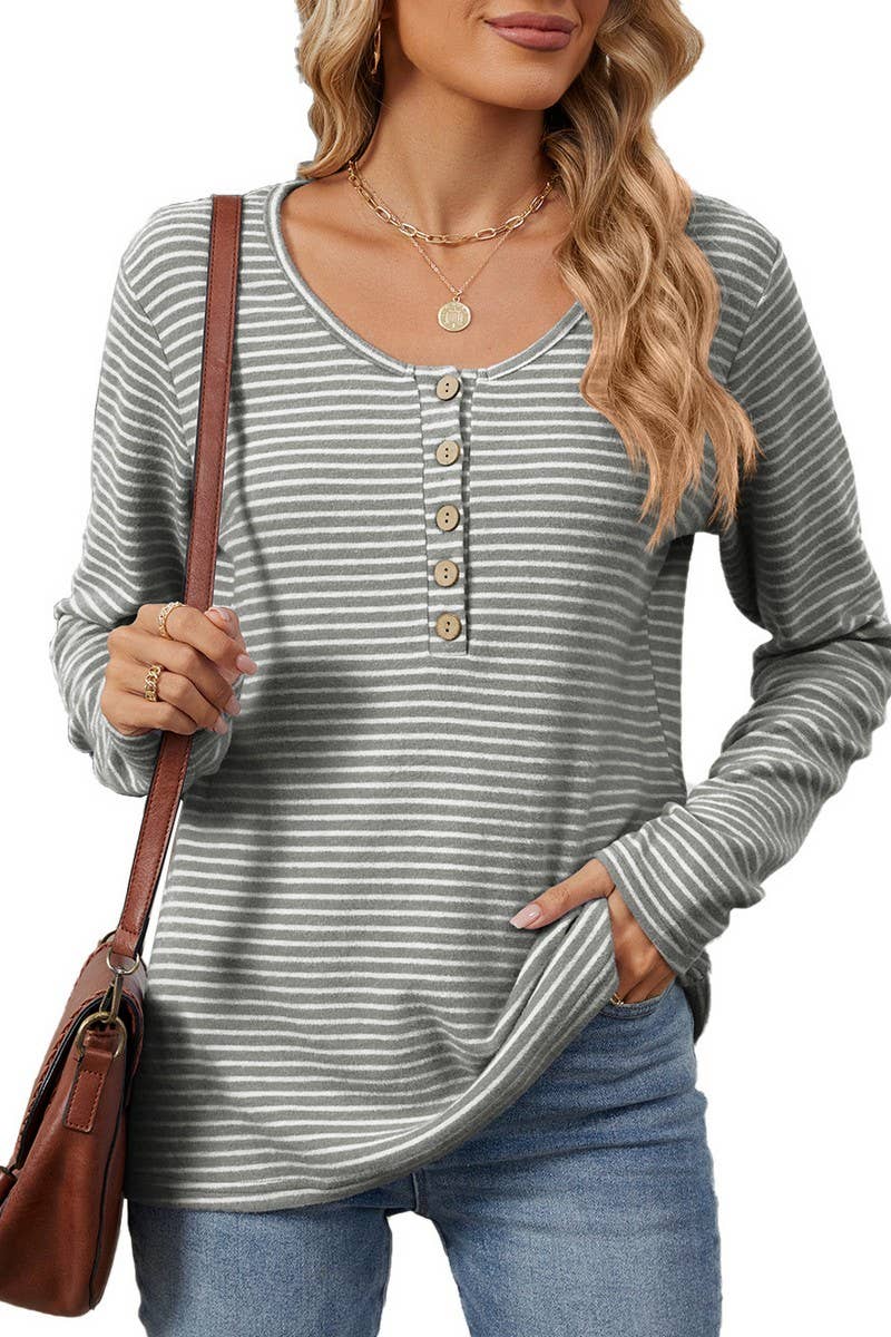 CWTBLL2353_ROUND NECK BUTTON LONG SLEEVE STRIPED CASUAL TOP