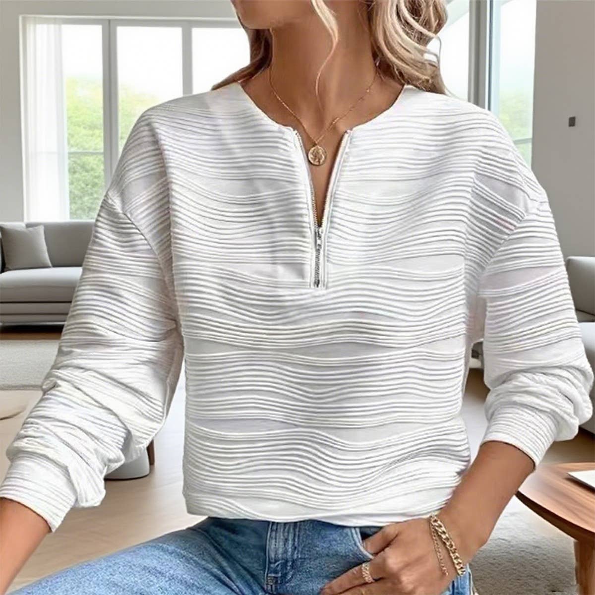 Casual semi-zipper textured sportswear top