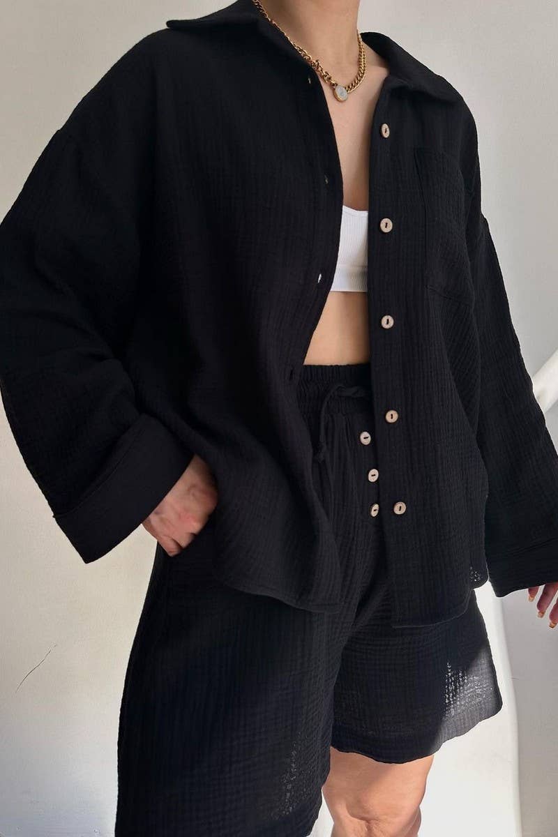 CWSTB1358_LAPEL SHIRT DRAWSTRING SHORTS TWO-PIECE SET