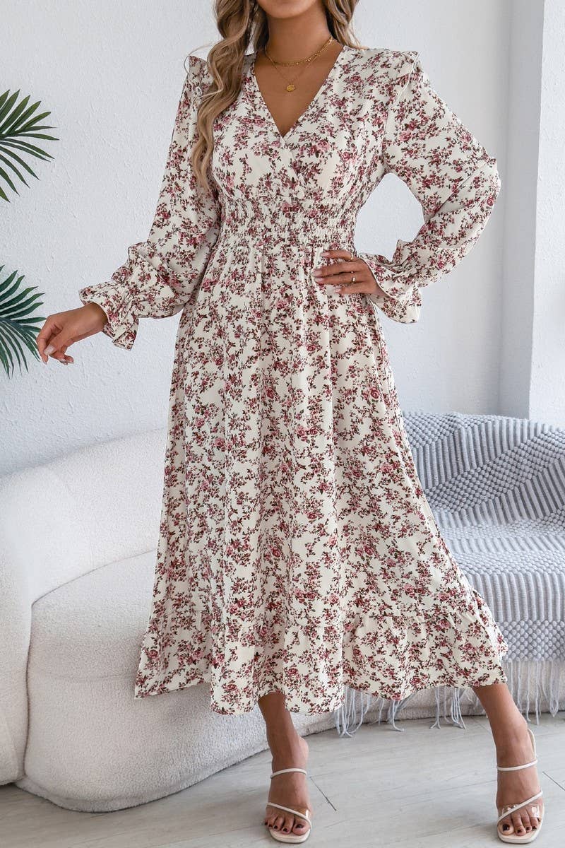 CWDMD6026_FLORAL WRAP V-NECK RUFFLE TRIM WAIST MAXI DRESS