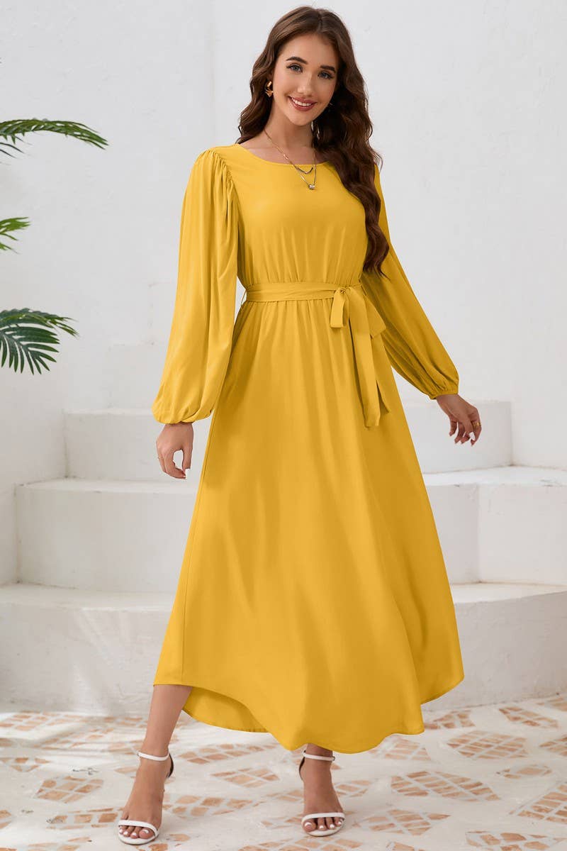 CWDMD4001_ROUND NECK TIE BUBBLE LONG SLEEVE DRESS