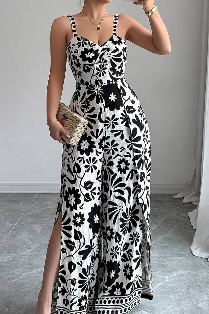 CWDHL0890_ELEGANT TWISTED PRINT SUSPENDERS WIDE-LEG JUMPSUIT