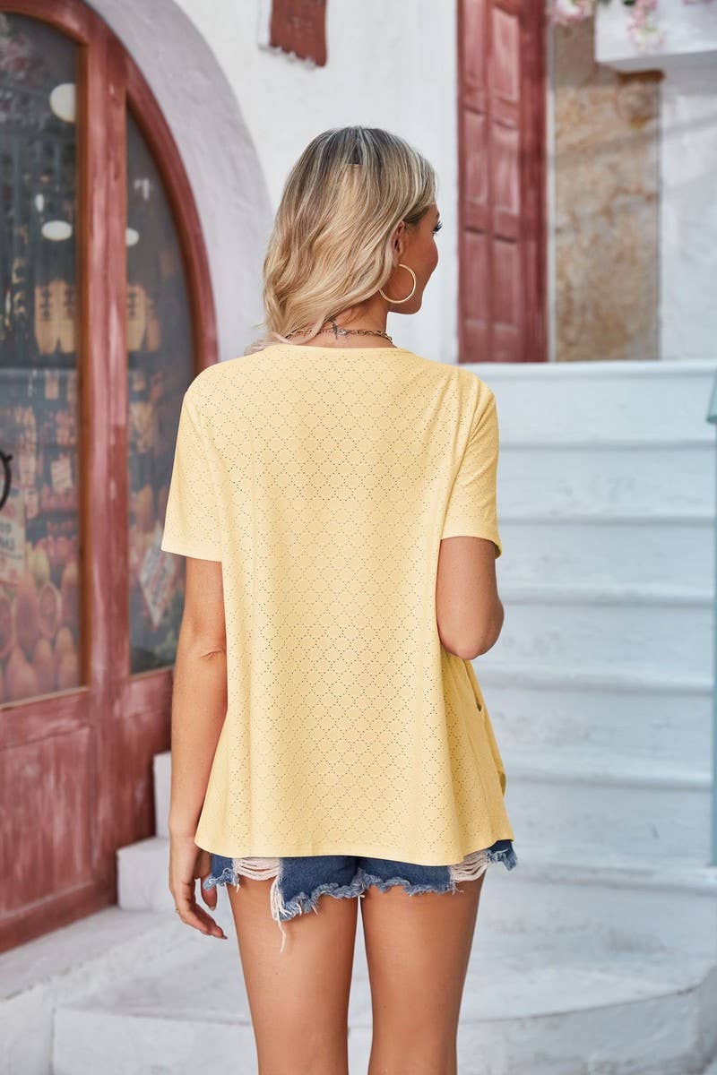 CWTBLS1113_SOLID COLOR HOLLOW CASUAL SHORT-SLEEVED CARDIGAN