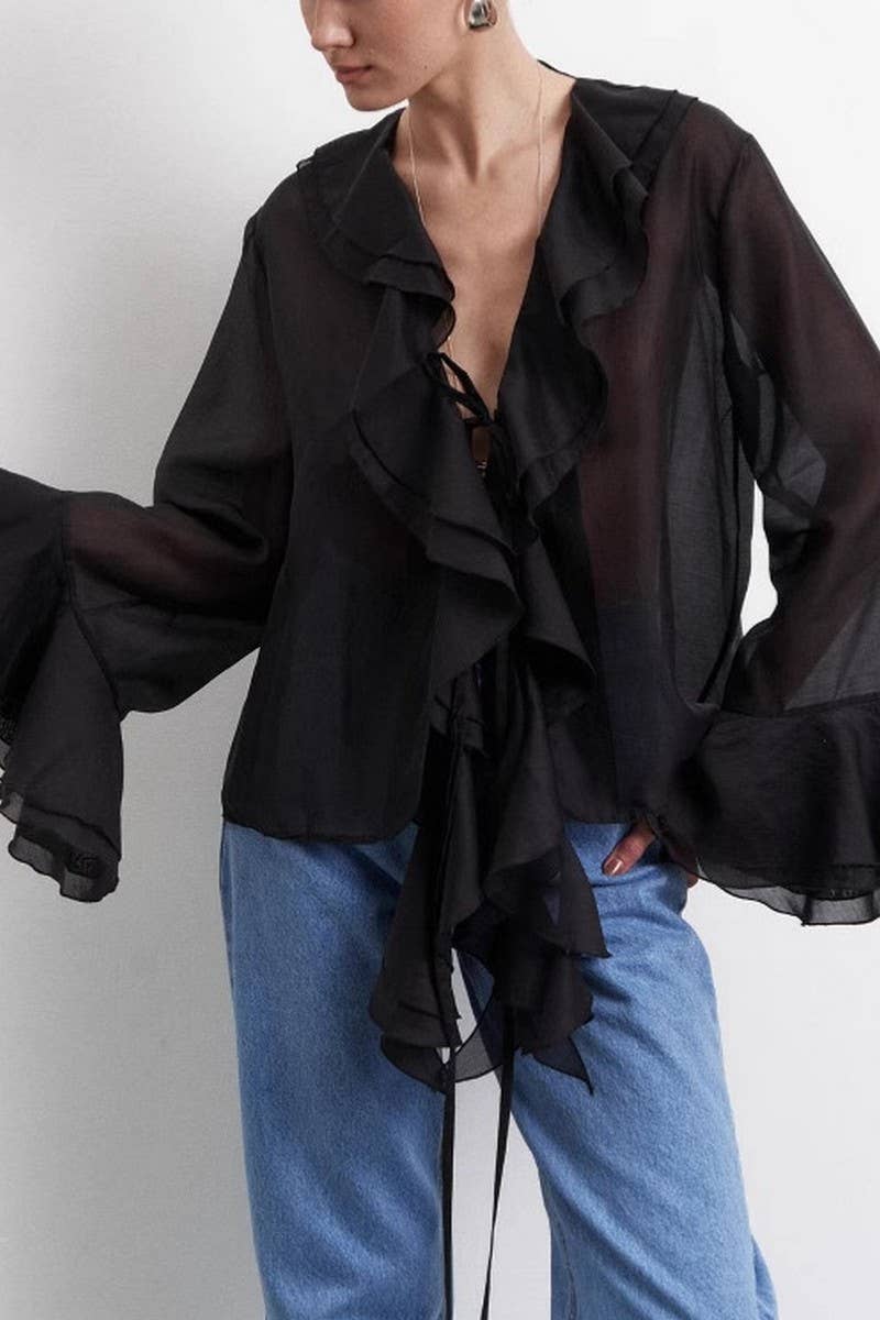 CWTBLL555_SOLID COLOR V-NECK RUFFLED LACE-UP SHIRT