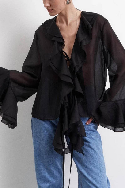 CWTBLL555_SOLID COLOR V-NECK RUFFLED LACE-UP SHIRT