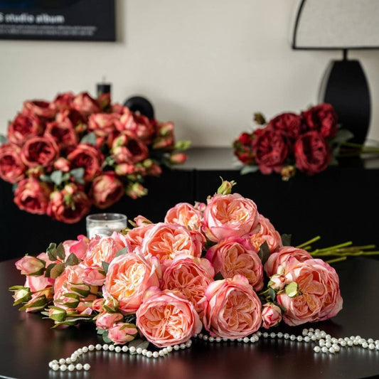 Multi-Head Burnt Edge Austin Rose Faux Bouquet